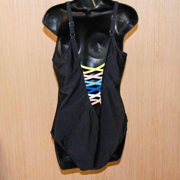 SOFIA'S CHOICE Women One-Piece Swimsuit Deep VNeck Lace Up Lattice Front Rainbow - Picture 3 of 5